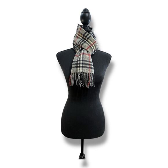 BURBERRYS OF LONDON 100% Lambswool Plaid Gray, Red, Black, Ivory Scarf 12x56” - Picture 10 of 16